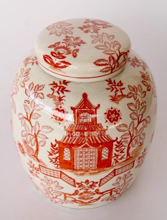 Large Fat Orange Pagoda Jar With Lid